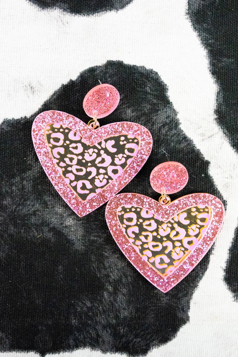 PINK GLITTER LEOPARD HEART EARRINGS - Anchor Fusion Boutique