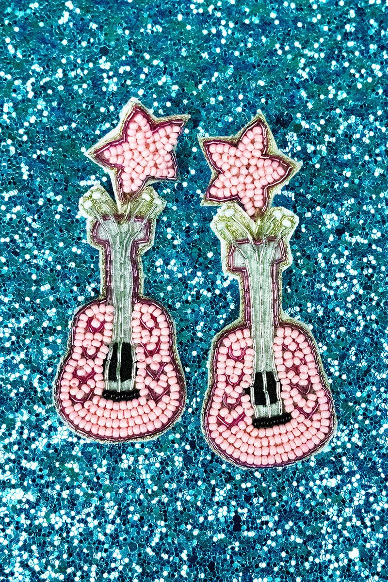 PINK STARS GUITAR SEED BEAD EARRINGS - Anchor Fusion Boutique