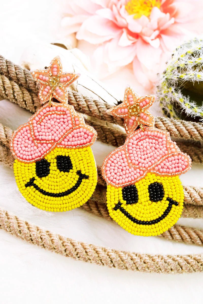 PINk WESTERN HAPPY FACE SEED BEAD EARRINGS - Anchor Fusion Boutique