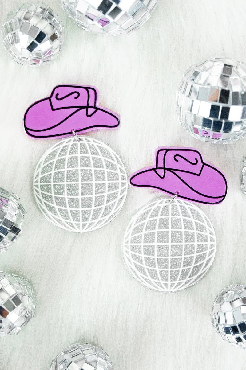 PINK WESTERN HAT AND DISCO BALL ACRYLIC EARRINGS - Anchor Fusion Boutique