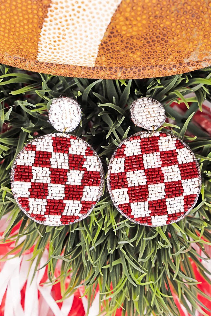 RED AND WHITE CHLOE CHECKERBOARD SEED BEAD EARRINGS
