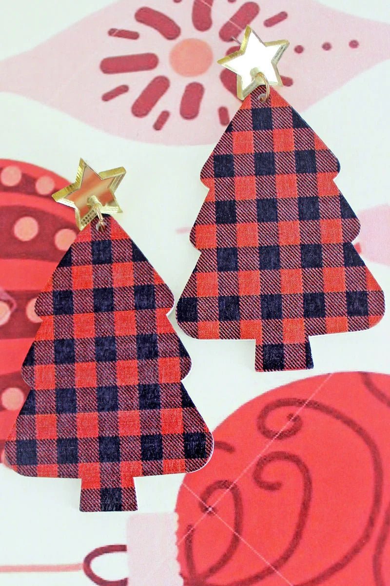 RED BUFFALO PLAID WOOD CHRISTMAS TREE EARRINGS - Anchor Fusion Boutique