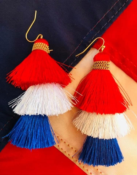 Red white and online blue tassel earrings