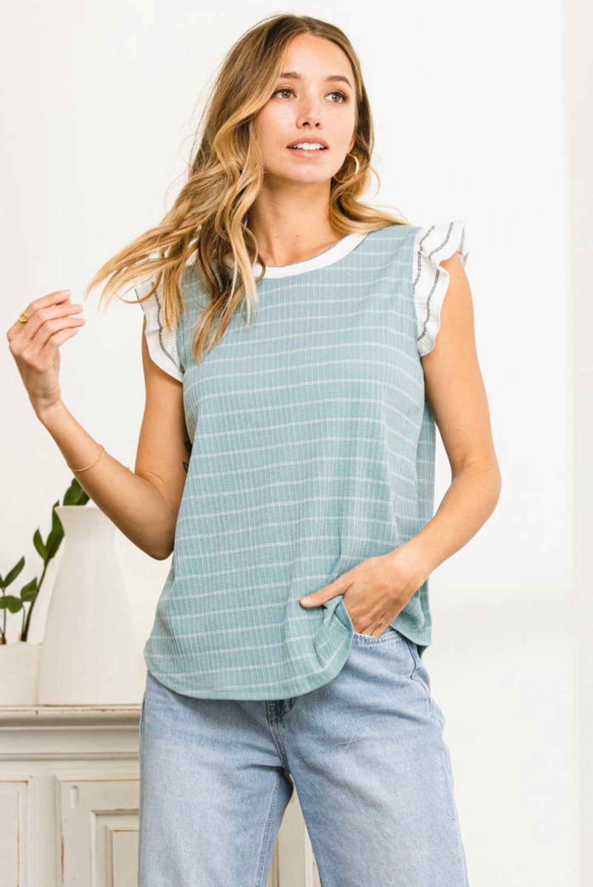 Ruffle Sleeve Color Block Stripe Top - Anchor Fusion Boutique