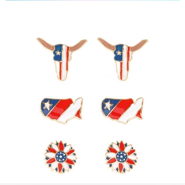 Set of Three American Flag Bull and Flower Enamel Stud Earrings