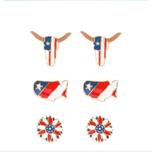 Set of Three American Flag Bull and Flower Enamel Stud Earrings - Anchor Fusion Boutique