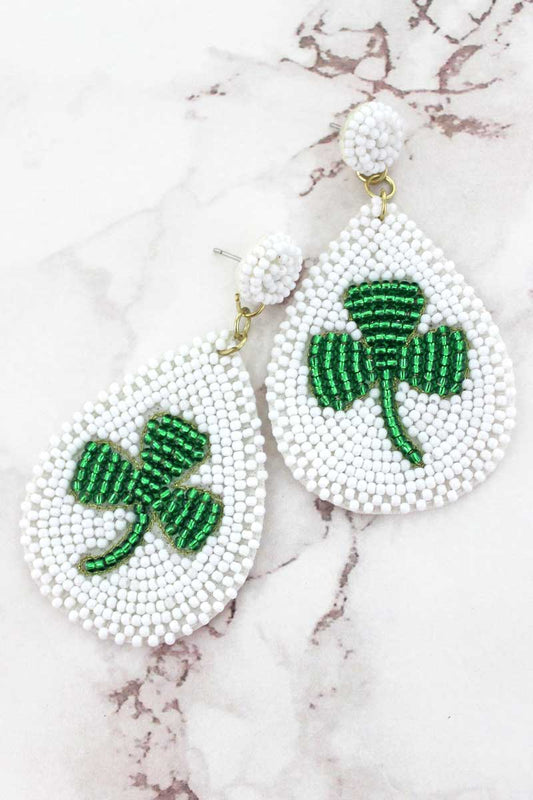 SHAMROCK WHITE SEED BEAD TEARDROP EARRINGS - Anchor Fusion Boutique