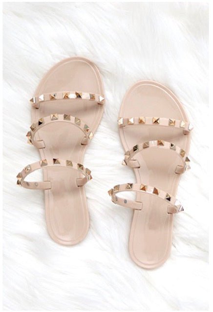 Studded Straps Jelly Flats Sandals-Nude