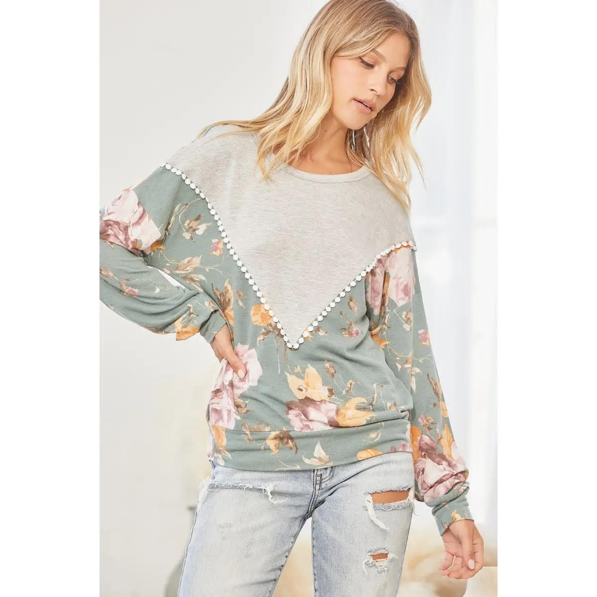 Teal Grey Knit Floral Top - Anchor Fusion Boutique
