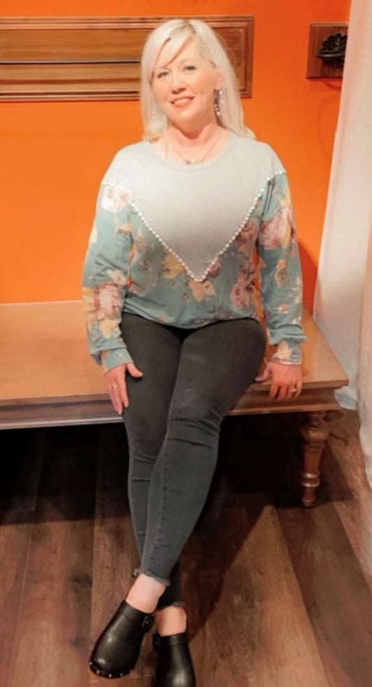 Teal Grey Knit Floral Top - Anchor Fusion Boutique