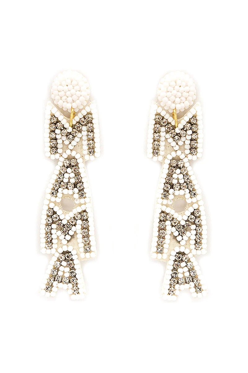 WHITE SEED BEAD AND CRYSTAL 'MAMA' EARRINGS - Anchor Fusion Boutique